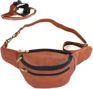 10-Inch Brown Leather Fanny Pack for Men & Women  Genuine Leather Waist Bag with Large Capacity  Bum Bag, Belt Bag, Crossbody Chest Bag with Metal Accessories