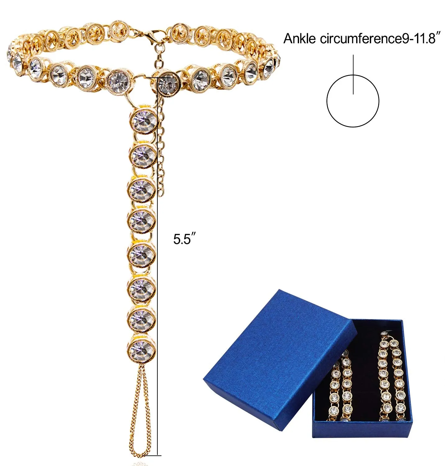 2 Pieces Women's Foot Chain Barefoot Sandals Beach Wedding Jewelry Anklet with Rhinestone Toe Ring Gold