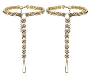 2 Pieces Women's Foot Chain Barefoot Sandals Beach Wedding Jewelry Anklet with Rhinestone Toe Ring Gold