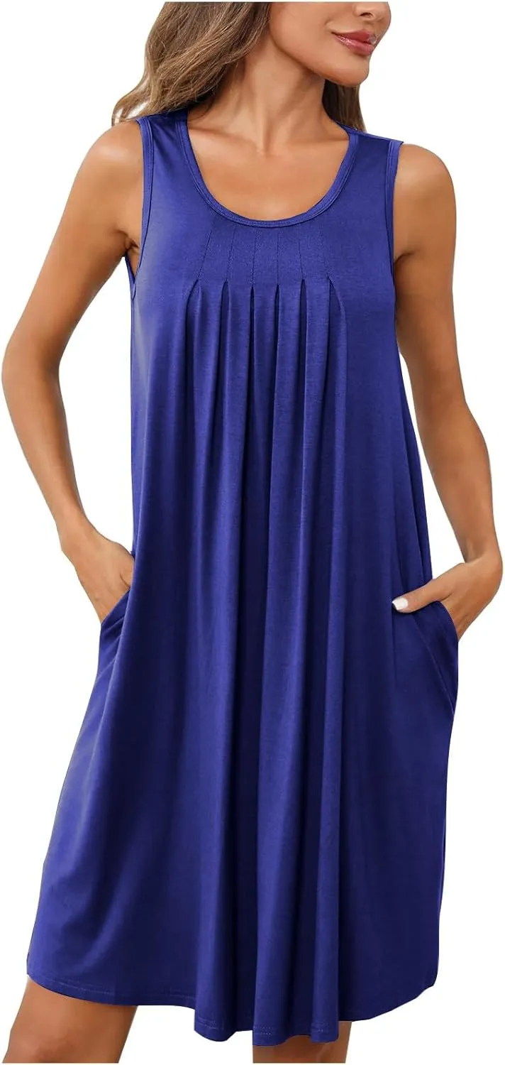 2024 Women's Loose Casul Sleeveless Solid Ruffle Crew Neck Sundresses with Pockets A-Line Beach Vacation Mini Dress