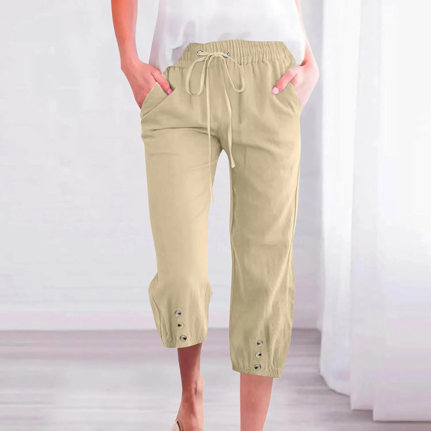 2025 Capri Linen Pants for Women Casual Summer Drawstring Elastic High Botton Pant Straight Leg Cropped Trouser