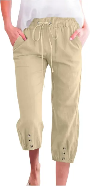 2025 Capri Linen Pants for Women Casual Summer Drawstring Elastic High Botton Pant Straight Leg Cropped Trouser