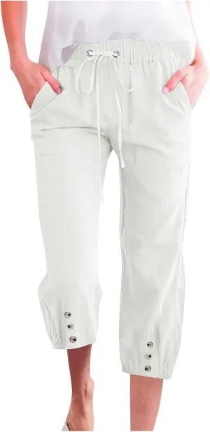 2025 Capri Linen Pants for Women Casual Summer Drawstring Elastic High Botton Pant Straight Leg Cropped Trouser