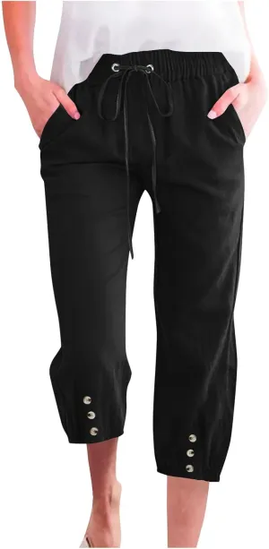 2025 Capri Linen Pants for Women Casual Summer Drawstring Elastic High Botton Pant Straight Leg Cropped Trouser