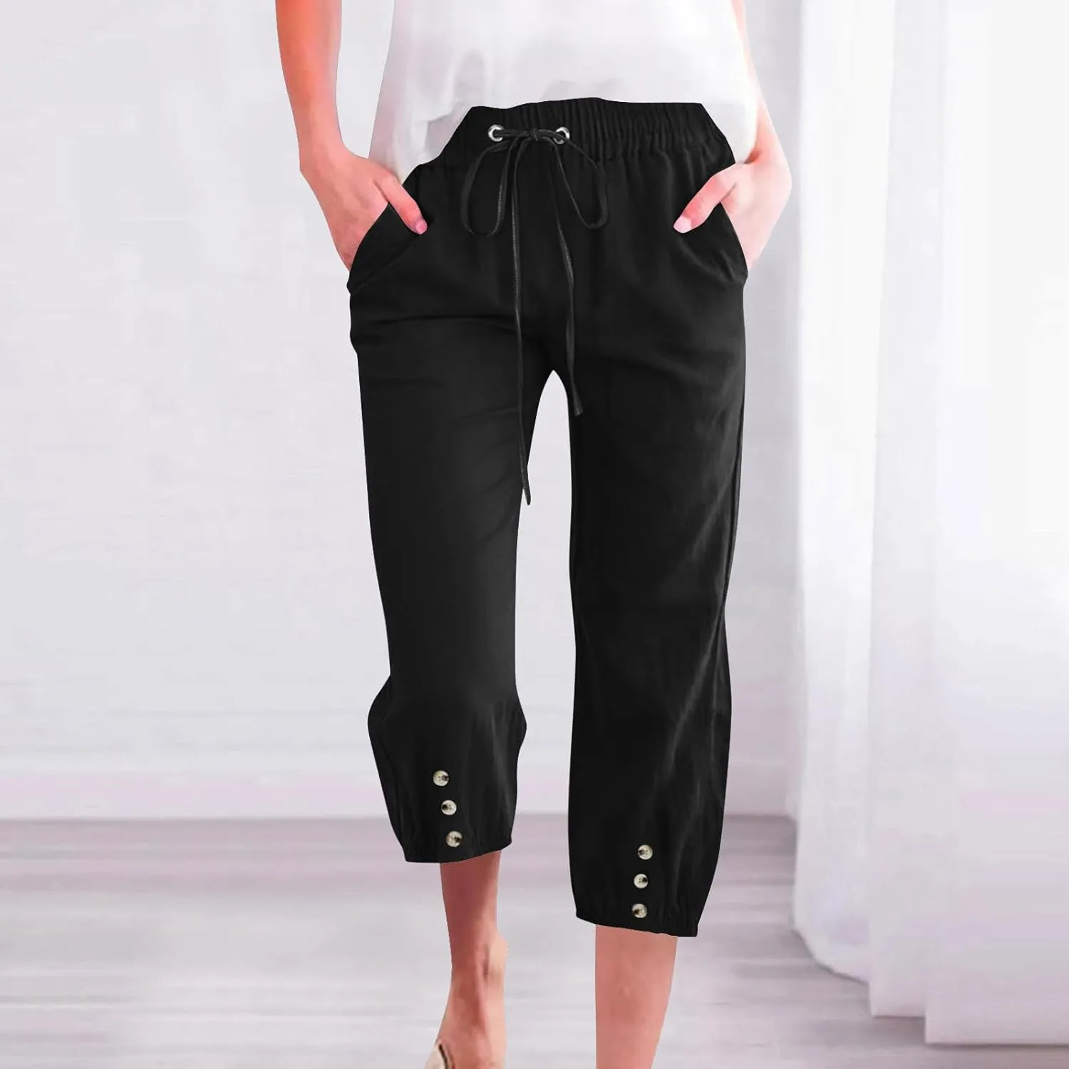 2025 Capri Linen Pants for Women Casual Summer Drawstring Elastic High Botton Pant Straight Leg Cropped Trouser