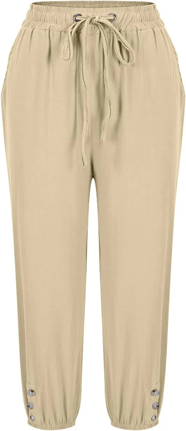 2025 Capri Linen Pants for Women Casual Summer Drawstring Elastic High Botton Pant Straight Leg Cropped Trouser