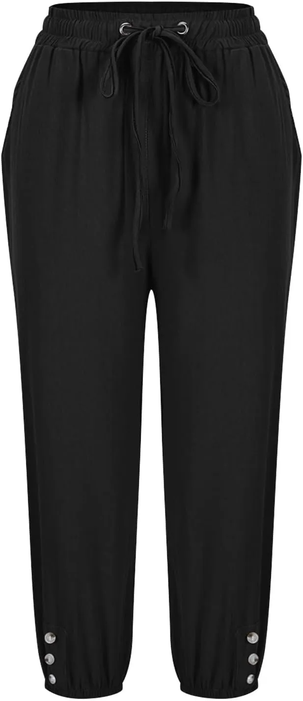 2025 Capri Linen Pants for Women Casual Summer Drawstring Elastic High Botton Pant Straight Leg Cropped Trouser