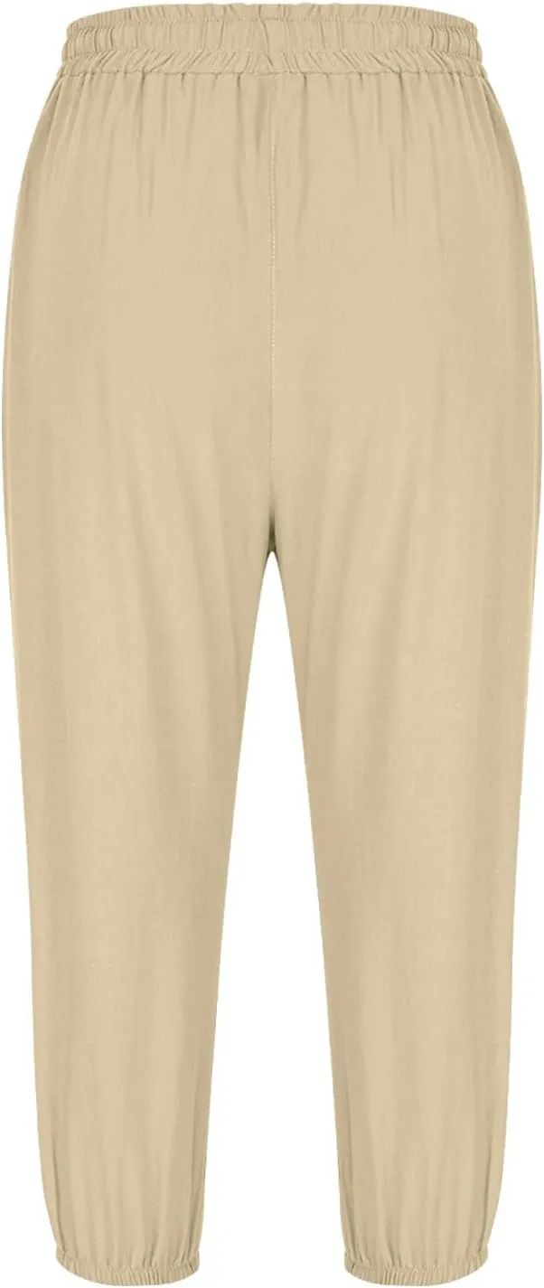 2025 Capri Linen Pants for Women Casual Summer Drawstring Elastic High Botton Pant Straight Leg Cropped Trouser