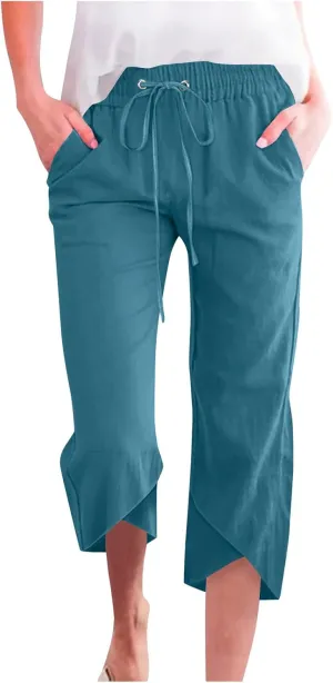 2025 Capri Pants for Women Casual Summer Drawstring Elastic High Waist Linen Pant Straight Leg Cropped Harem Trouser