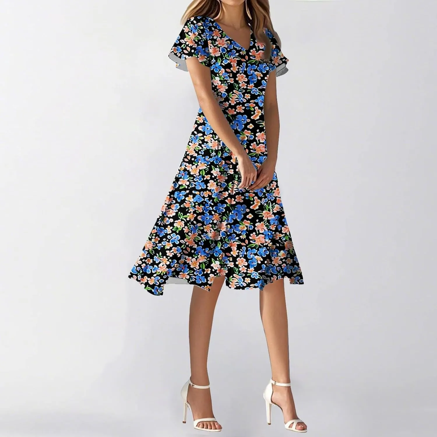 2025 Summer Dresses for Womencasualflowyelegant Wedding Dress Ruffle Short Sleeve Floral Dresses Midi Chiffon Dress