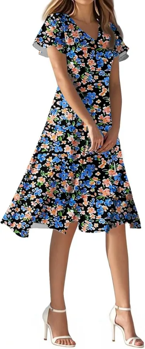 2025 Summer Dresses for Womencasualflowyelegant Wedding Dress Ruffle Short Sleeve Floral Dresses Midi Chiffon Dress