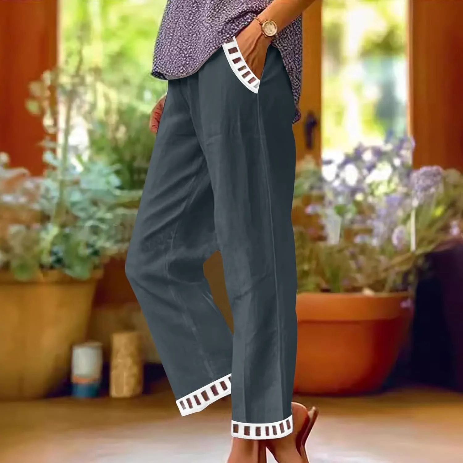 2025 Womens Capri Lace Linen Pants, Casual Summer Drawstring Elastic High Waist Pant Straight Cropped Trouser