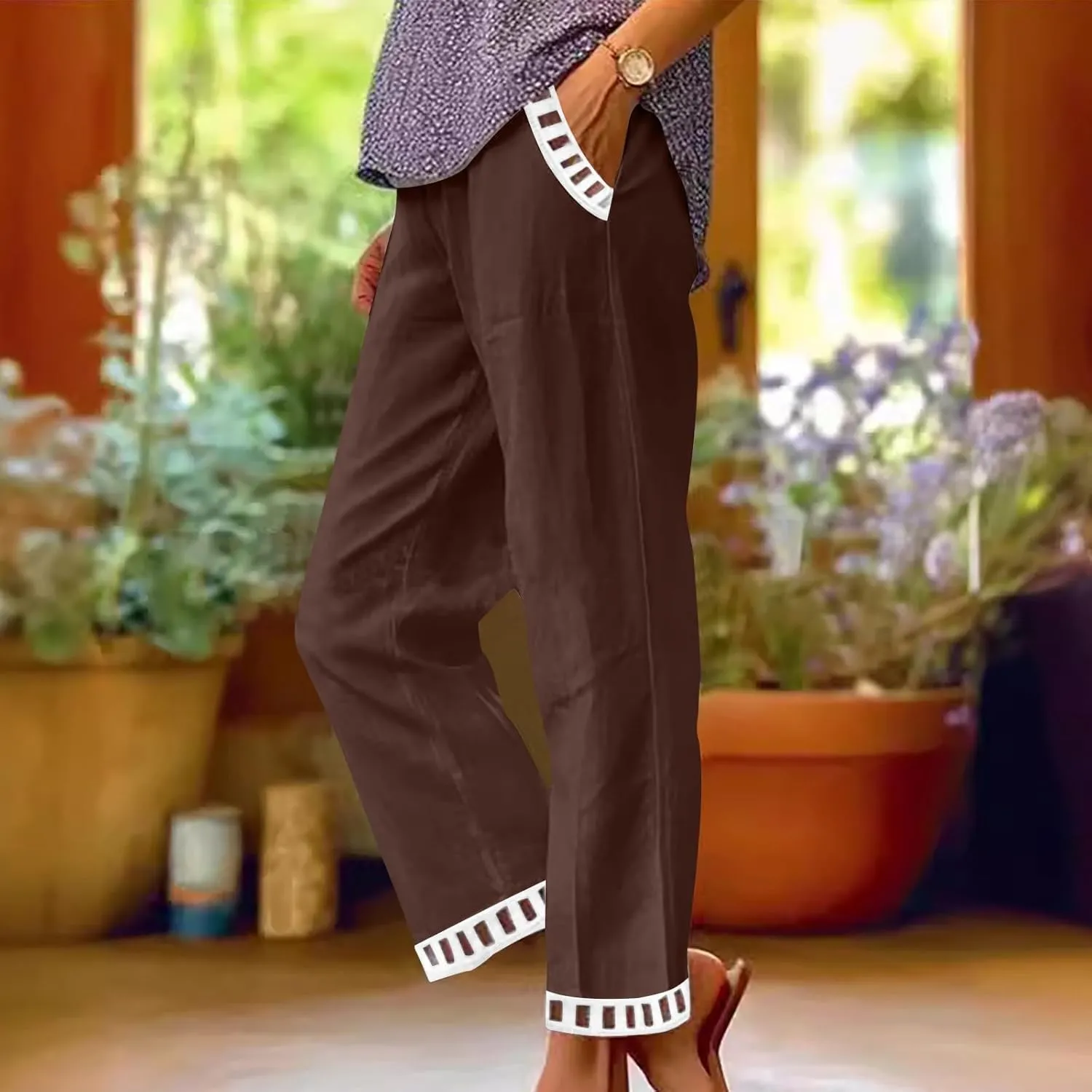 2025 Womens Capri Lace Linen Pants, Casual Summer Drawstring Elastic High Waist Pant Straight Cropped Trouser