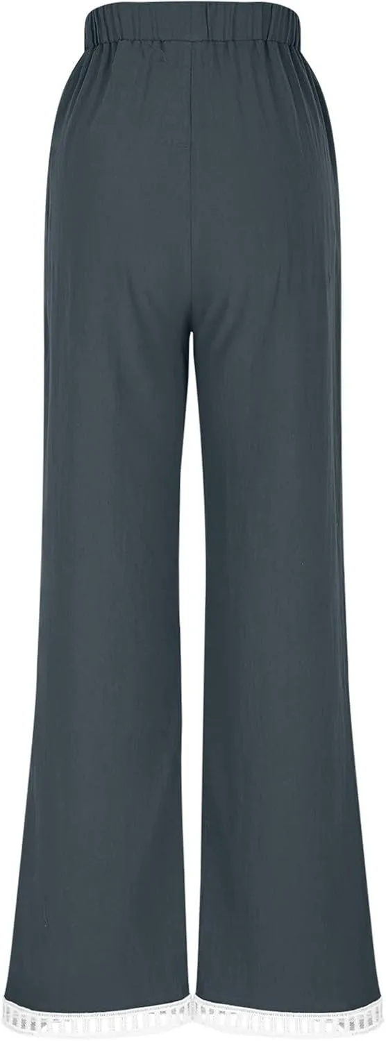 2025 Womens Capri Lace Linen Pants, Casual Summer Drawstring Elastic High Waist Pant Straight Cropped Trouser