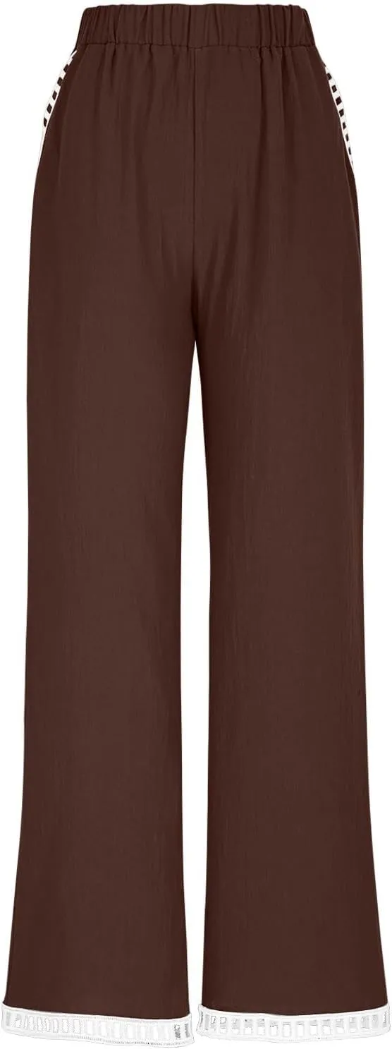2025 Womens Capri Lace Linen Pants, Casual Summer Drawstring Elastic High Waist Pant Straight Cropped Trouser