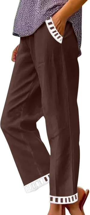 2025 Womens Capri Lace Linen Pants, Casual Summer Drawstring Elastic High Waist Pant Straight Cropped Trouser