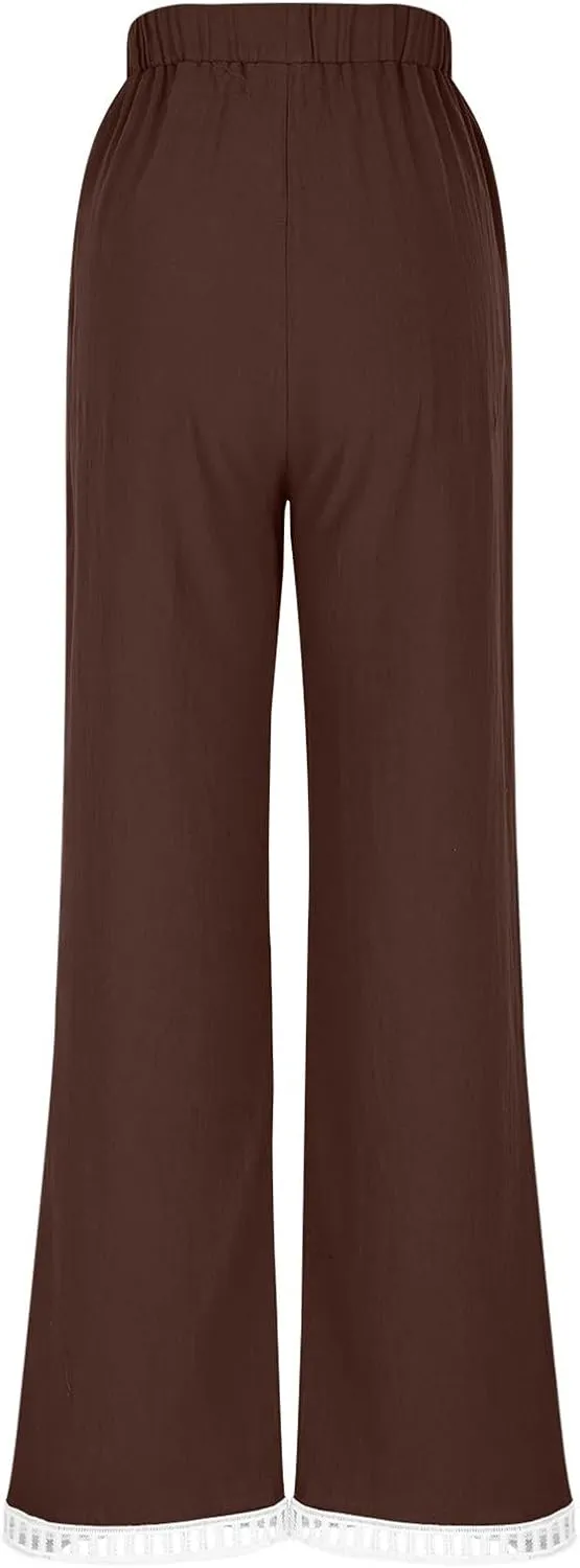 2025 Womens Capri Lace Linen Pants, Casual Summer Drawstring Elastic High Waist Pant Straight Cropped Trouser