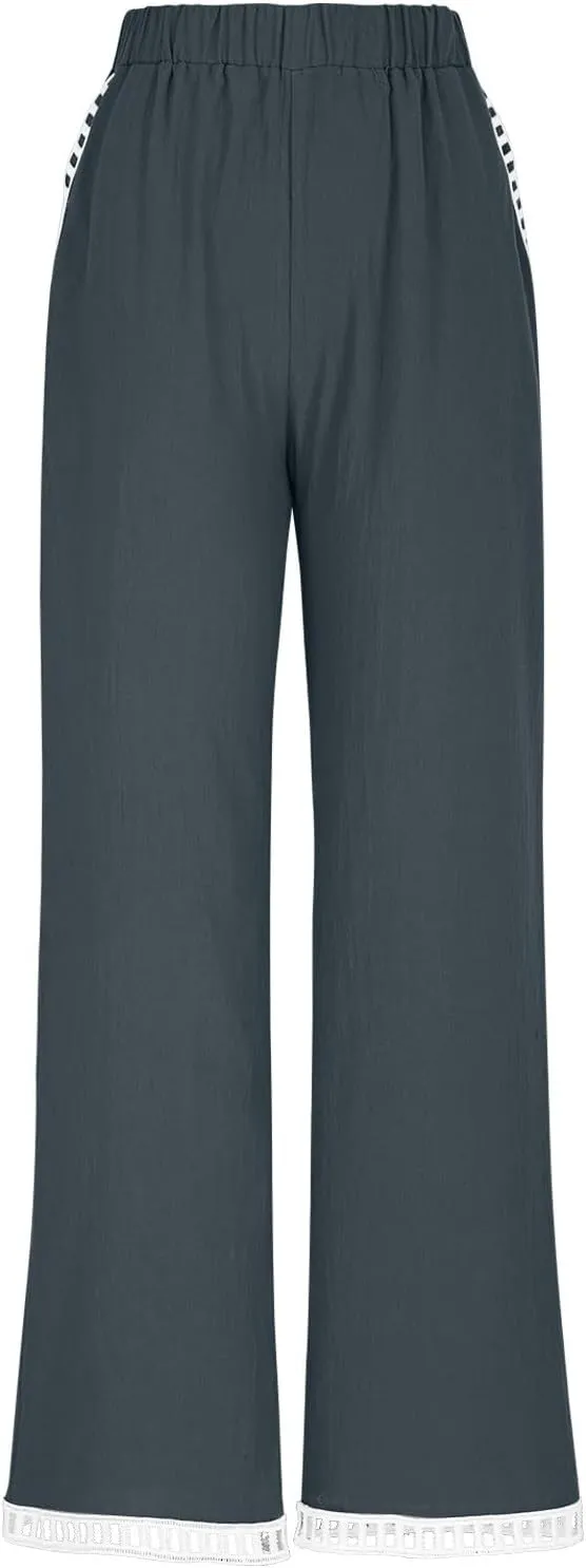 2025 Womens Capri Lace Linen Pants, Casual Summer Drawstring Elastic High Waist Pant Straight Cropped Trouser