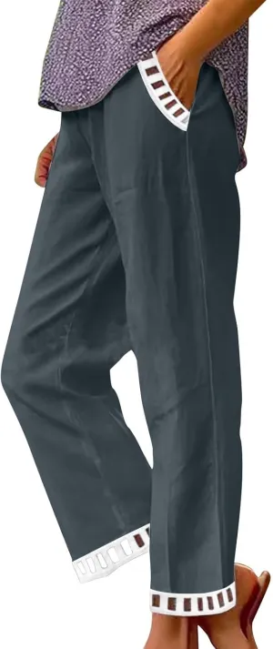 2025 Womens Capri Lace Linen Pants, Casual Summer Drawstring Elastic High Waist Pant Straight Cropped Trouser