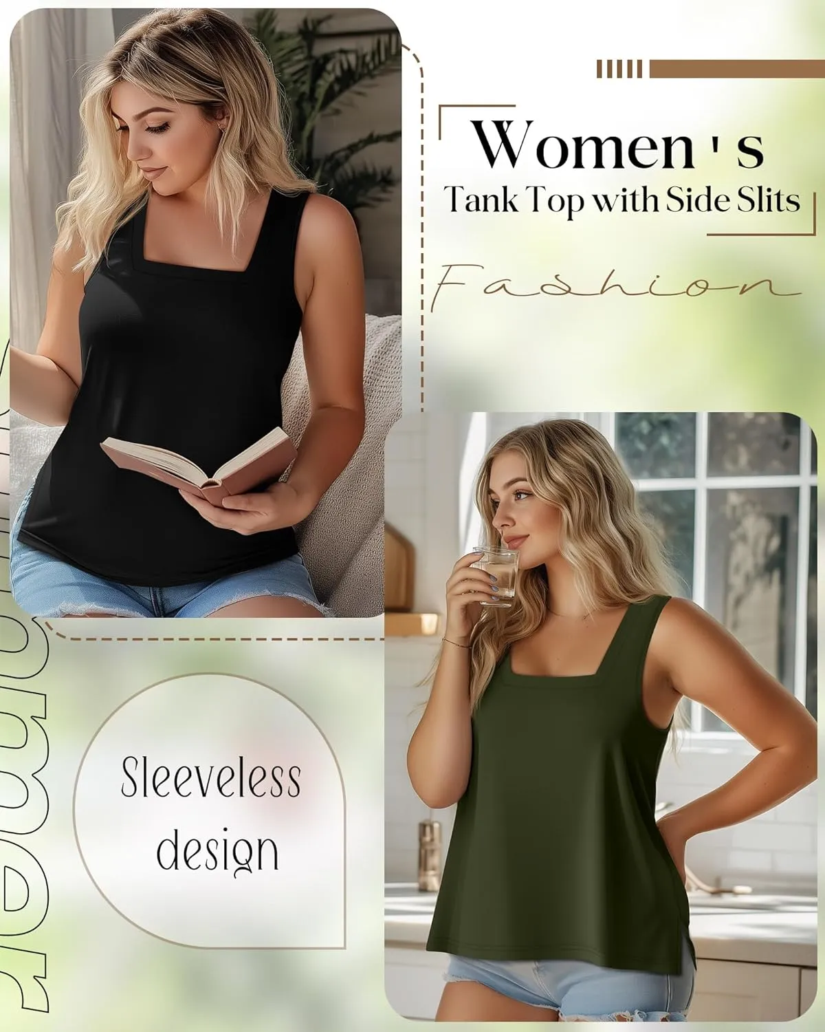 3 Pack Summer Plus Size Tank Tops for Women Sleeveless Tunic Shirts Square Neck Tops Side Slits 1X-5X