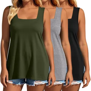 3 Pack Summer Plus Size Tank Tops for Women Sleeveless Tunic Shirts Square Neck Tops Side Slits 1X-5X