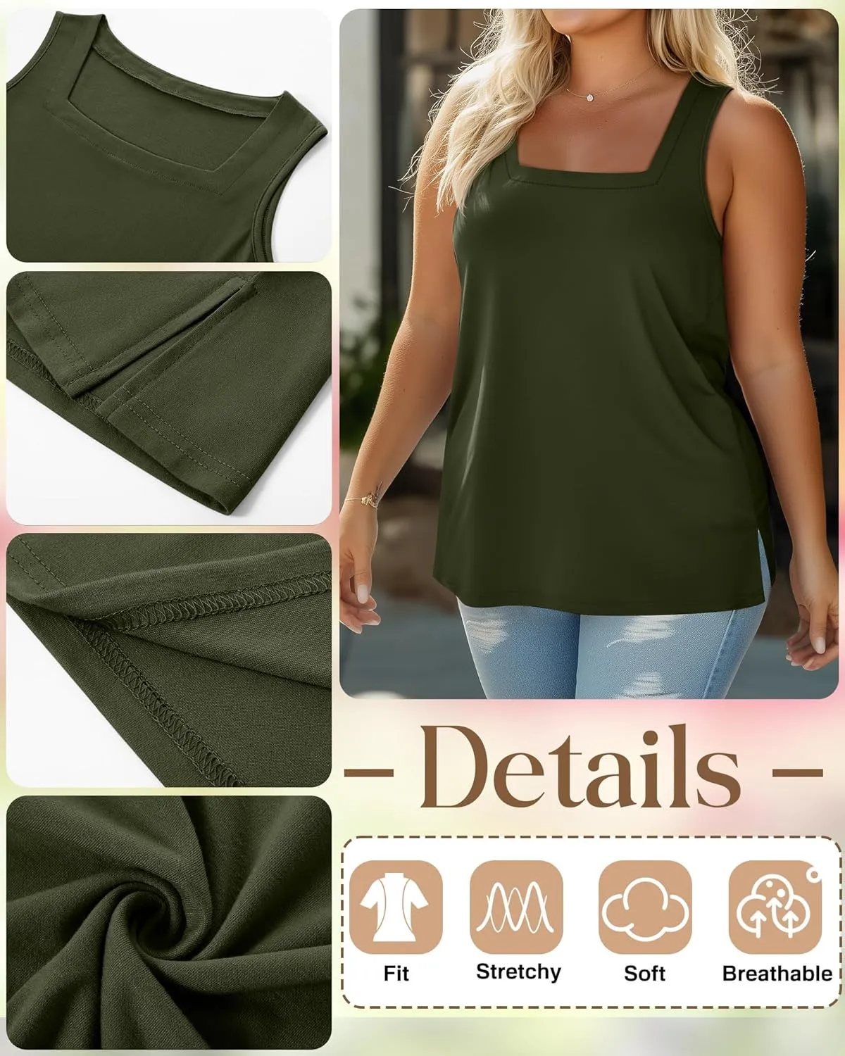 3 Pack Summer Plus Size Tank Tops for Women Sleeveless Tunic Shirts Square Neck Tops Side Slits 1X-5X
