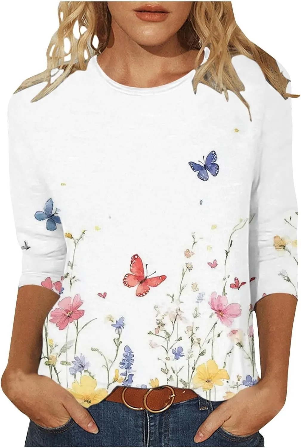 3/4 Length Sleeve Womens Tops Round Neck Cute Tunic Vintage Boho Floral Print T Shirt Loose Basic Tees Blouses