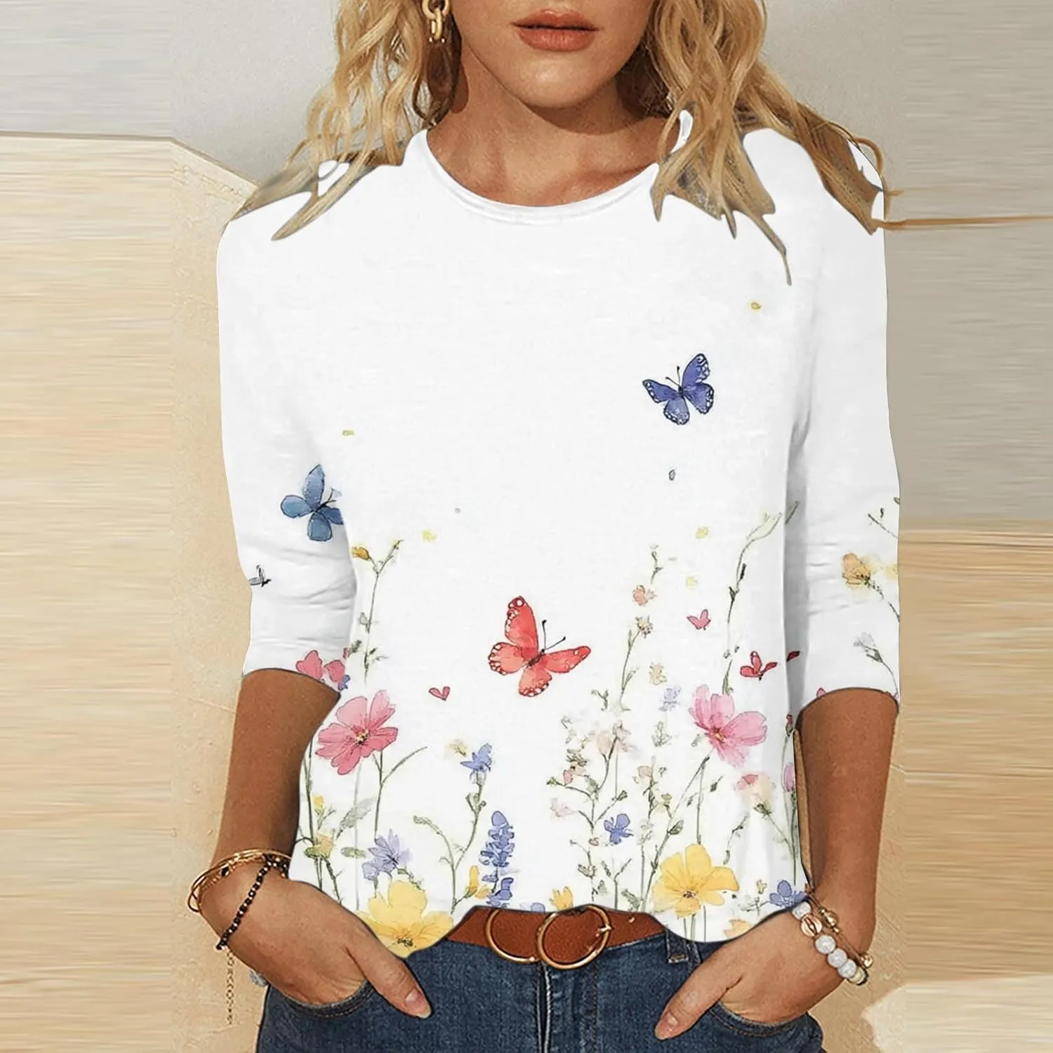 3/4 Length Sleeve Womens Tops Round Neck Cute Tunic Vintage Boho Floral Print T Shirt Loose Basic Tees Blouses