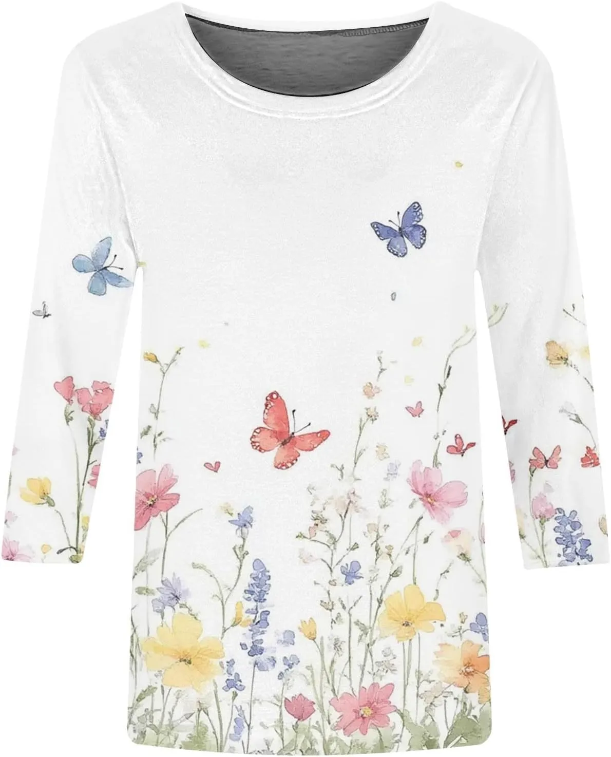 3/4 Length Sleeve Womens Tops Round Neck Cute Tunic Vintage Boho Floral Print T Shirt Loose Basic Tees Blouses