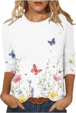 3/4 Length Sleeve Womens Tops Round Neck Cute Tunic Vintage Boho Floral Print T Shirt Loose Basic Tees Blouses