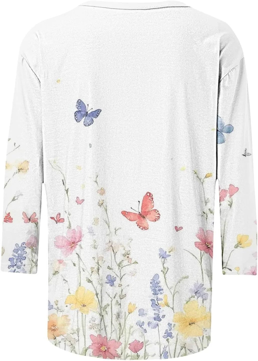 3/4 Length Sleeve Womens Tops Round Neck Cute Tunic Vintage Boho Floral Print T Shirt Loose Basic Tees Blouses