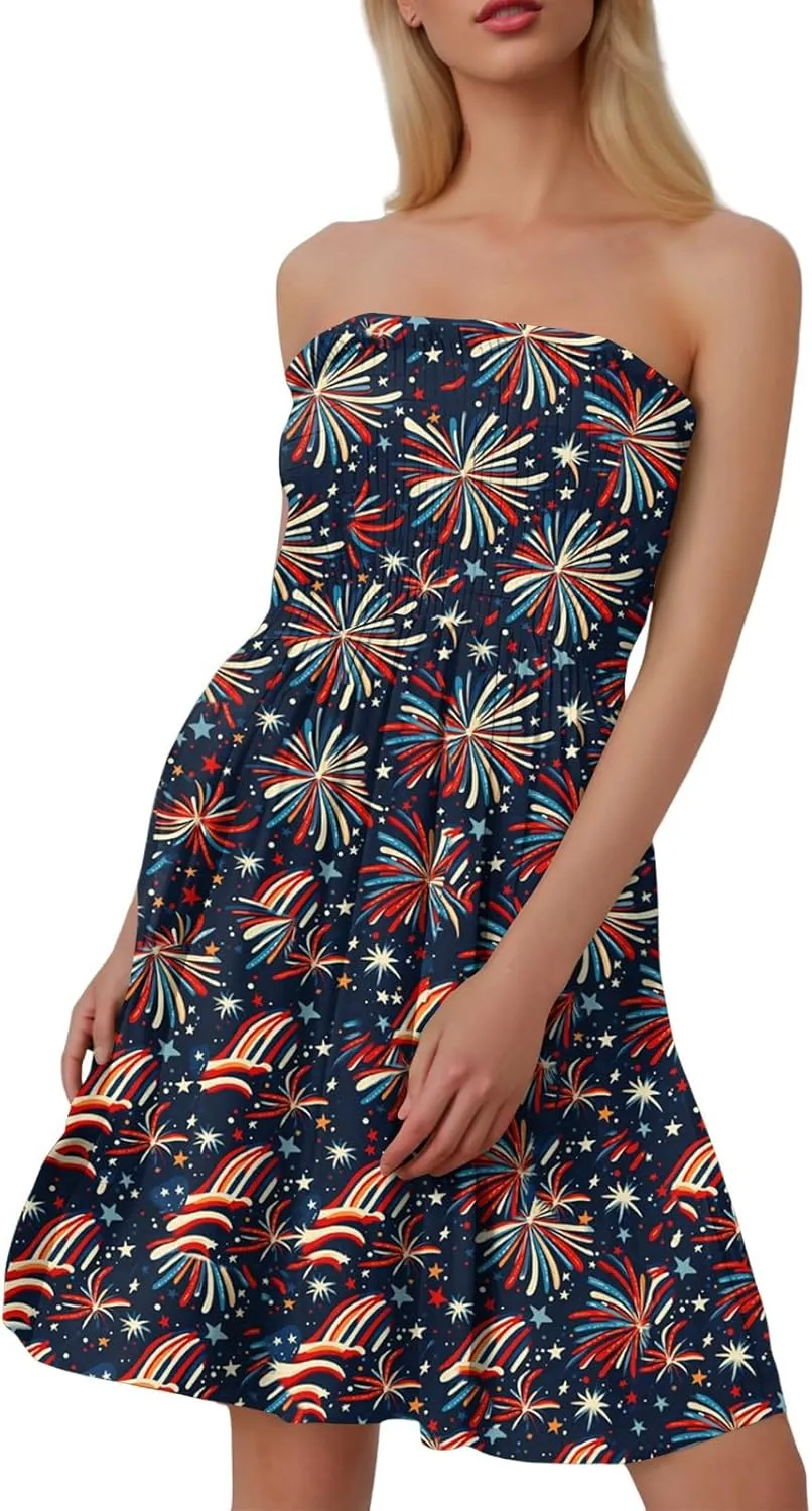 4th of July Dresses for Women American Flag Strapless Sundress Summer Beach Boho Smocked Tube Top Dress