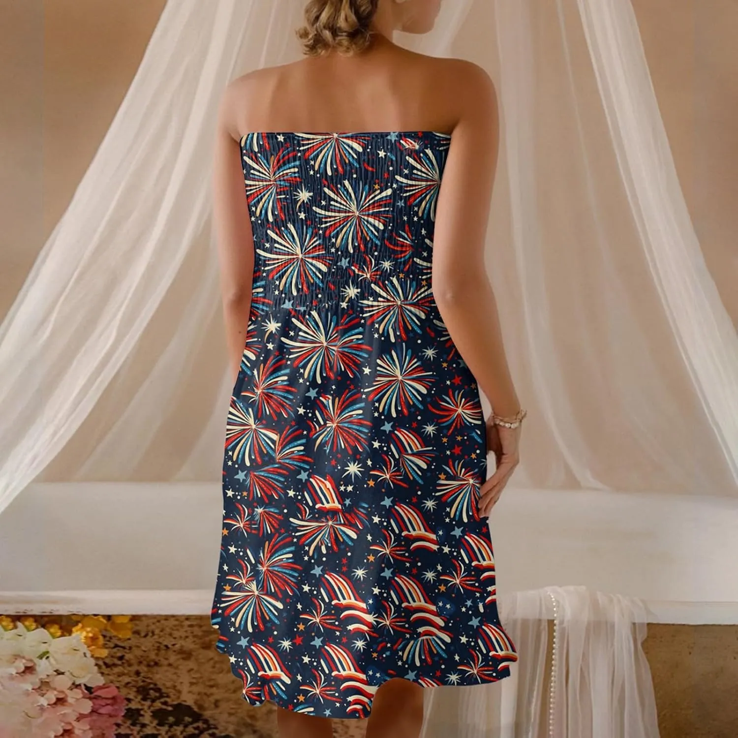 4th of July Dresses for Women American Flag Strapless Sundress Summer Beach Boho Smocked Tube Top Dress