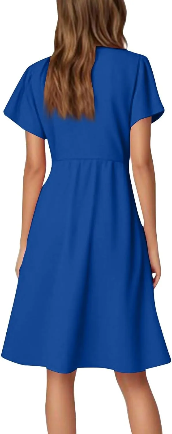4Th of July Summer Dress for Women Formal Midi Dresses Fit and Flare V Neck Ruffle Short Sleeve Independence Day Outfit