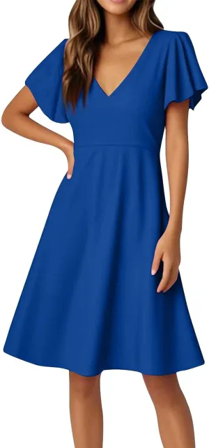 4Th of July Summer Dress for Women Formal Midi Dresses Fit and Flare V Neck Ruffle Short Sleeve Independence Day Outfit