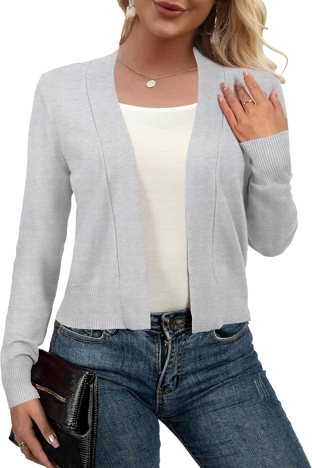 AAMILIFE Women Long Sleeve Cropped Knit Sweater Cardigans Open Front Bolero Shrug