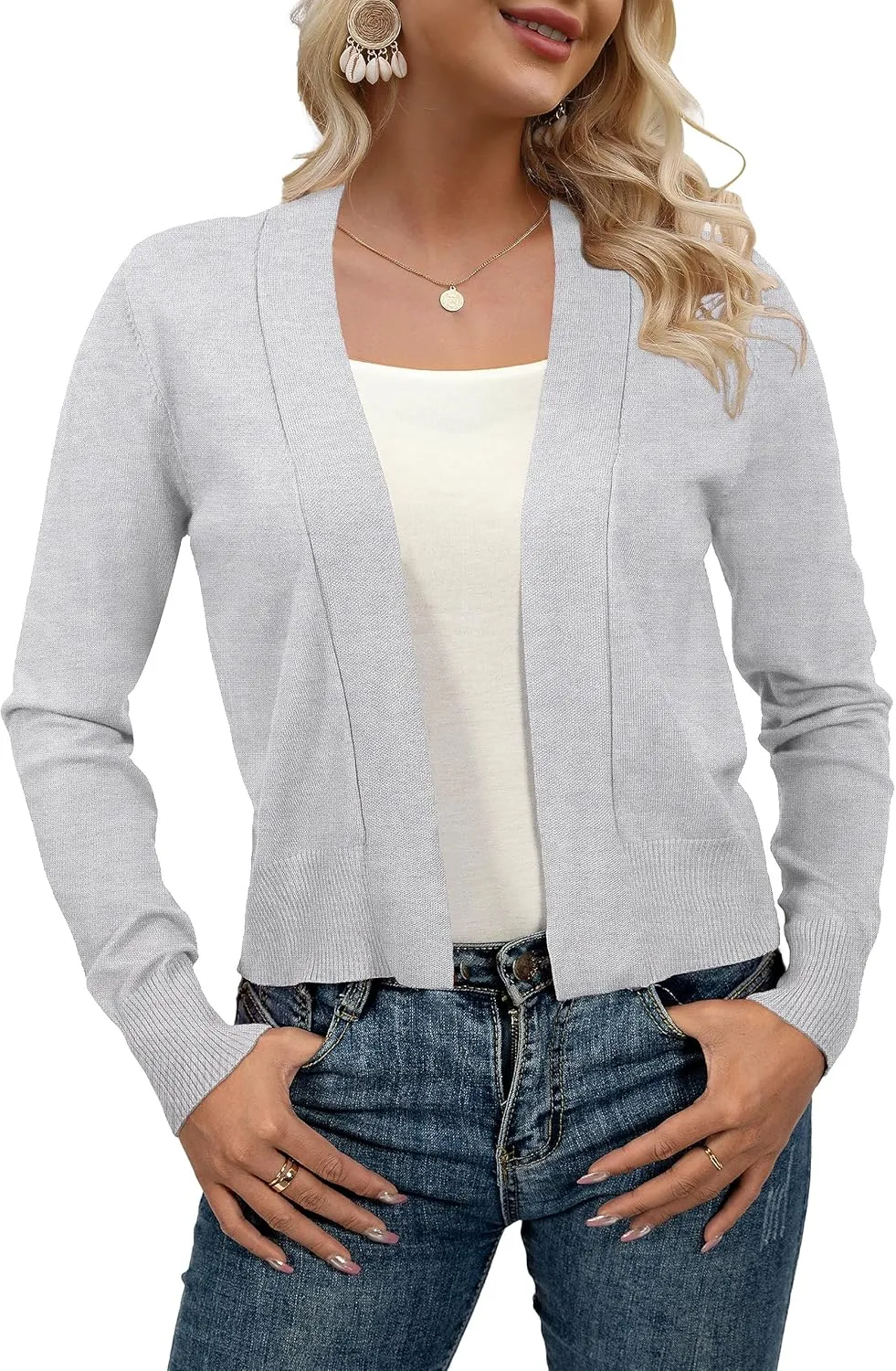 AAMILIFE Women Long Sleeve Cropped Knit Sweater Cardigans Open Front Bolero Shrug