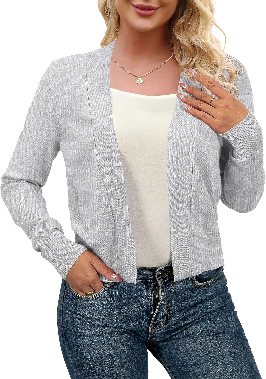 AAMILIFE Women Long Sleeve Cropped Knit Sweater Cardigans Open Front Bolero Shrug