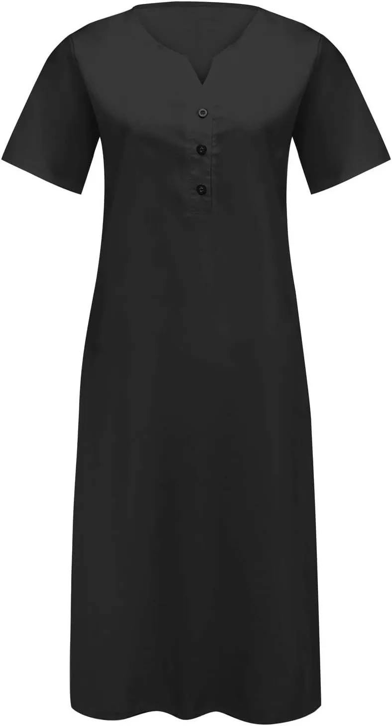 ADHOWBEW Womens Fashion V Neck Short Sleeve Button Down Plus Size Midi Dress with Pockets