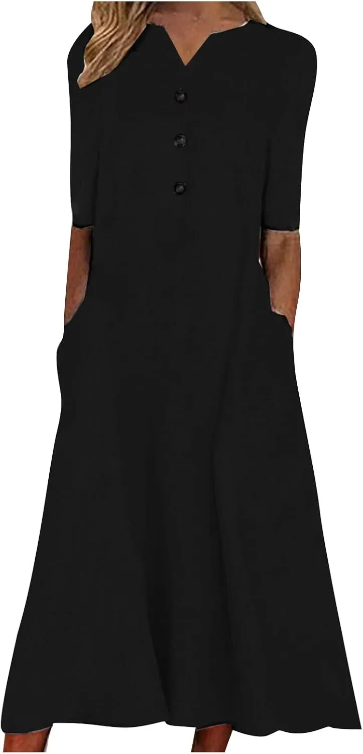 ADHOWBEW Womens Fashion V Neck Short Sleeve Button Down Plus Size Midi Dress with Pockets