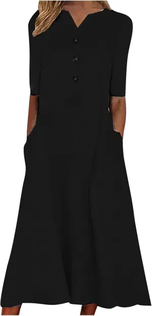 ADHOWBEW Womens Fashion V Neck Short Sleeve Button Down Plus Size Midi Dress with Pockets