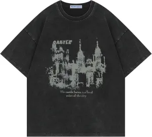 Aelfric Eden Mens T Shirts Castle Graphic Washed Tee Shirt Cotton Short Sleeve Tees Y2k Streetwear Casual 2025 Trendy Tops