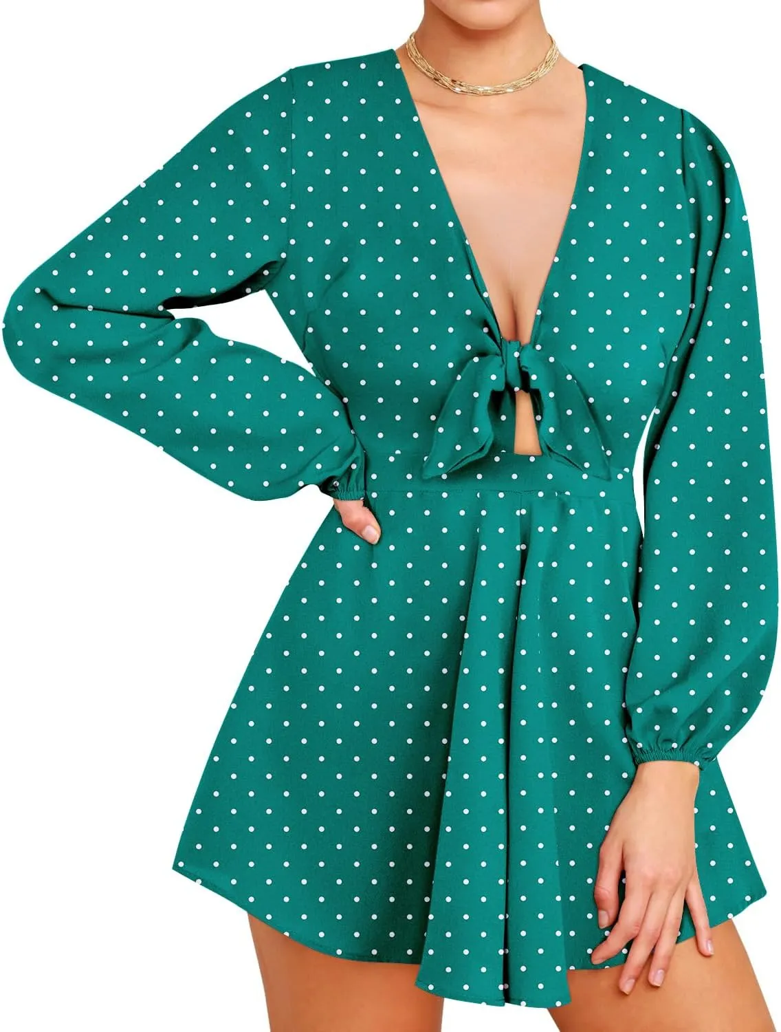 AGQT Women's Sexy V-Neck Self-Tie Front Romper Short Jumpsuit Playsuit Mini Outfit Dress Boho