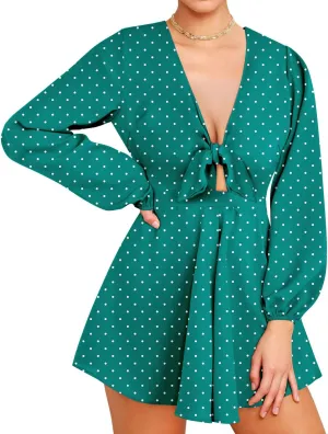 AGQT Women's Sexy V-Neck Self-Tie Front Romper Short Jumpsuit Playsuit Mini Outfit Dress Boho