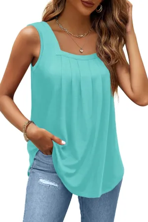 AGSEEM Summer Tank Tops for Women Loose Fit Pleated Square Neck Sleeveless Tops Curved Hem Flowy