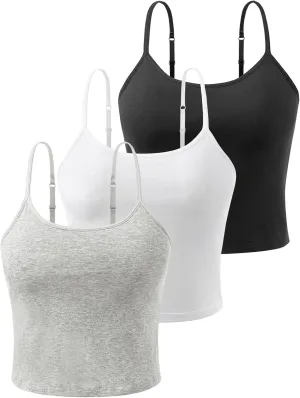 Air Curvey 3-Pack Womens Short Camisole Built in Bra Cotton Crop Tops Adjustable Spaghetti Strap Tank Tops