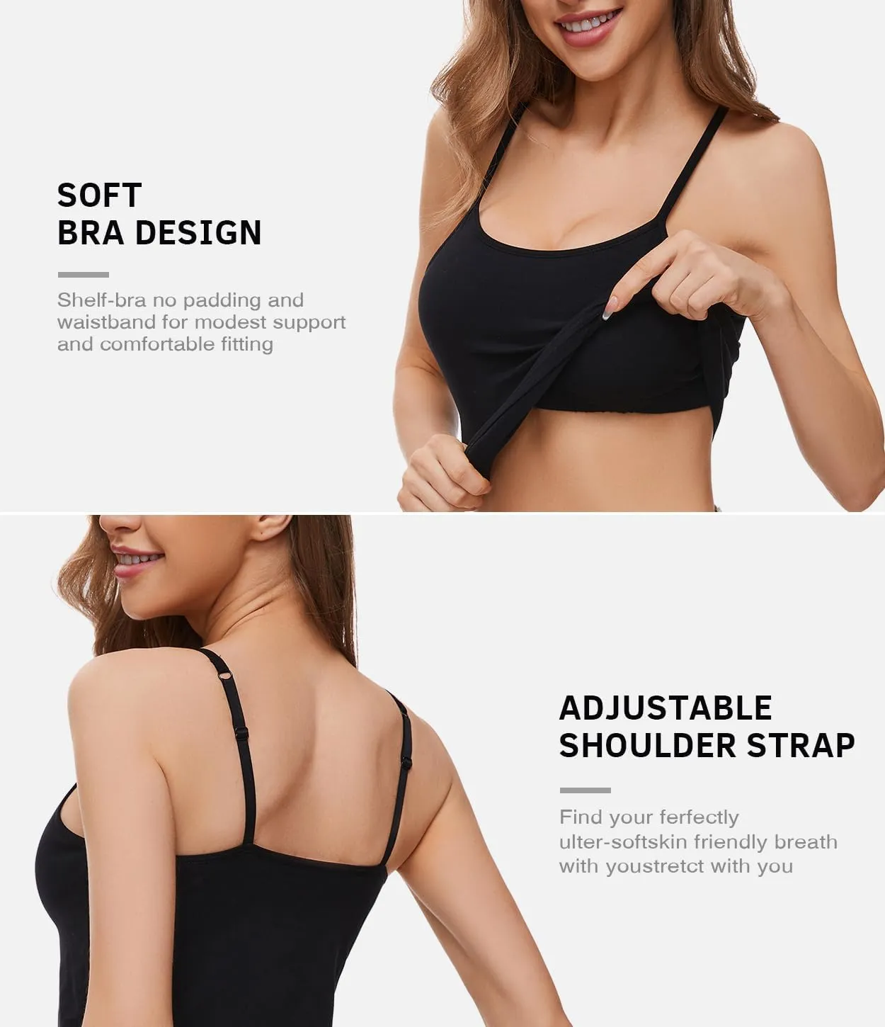 Air Curvey 3-Pack Womens Short Camisole Built in Bra Cotton Crop Tops Adjustable Spaghetti Strap Tank Tops