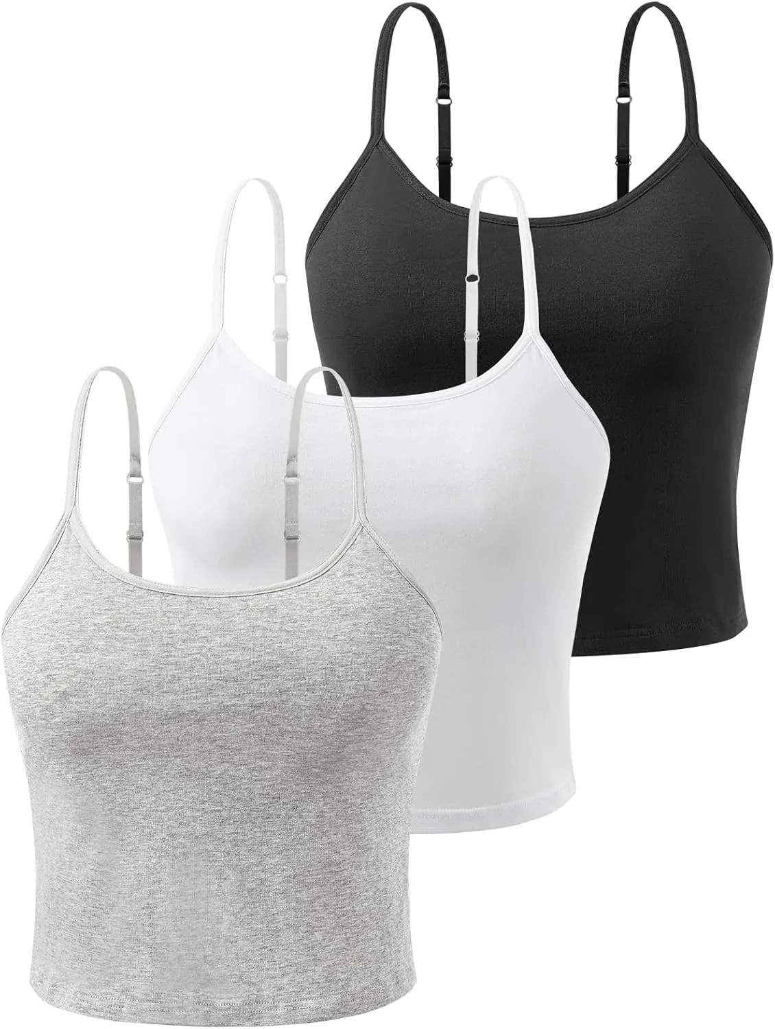 Air Curvey 3-Pack Womens Short Camisole Built in Bra Cotton Crop Tops Adjustable Spaghetti Strap Tank Tops