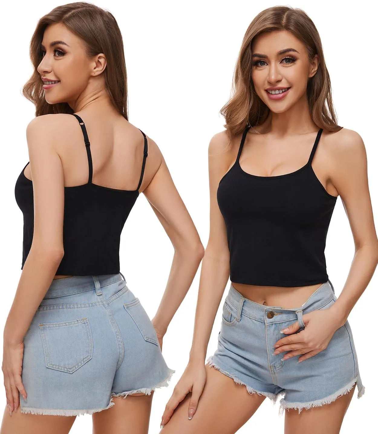 Air Curvey 3-Pack Womens Short Camisole Built in Bra Cotton Crop Tops Adjustable Spaghetti Strap Tank Tops