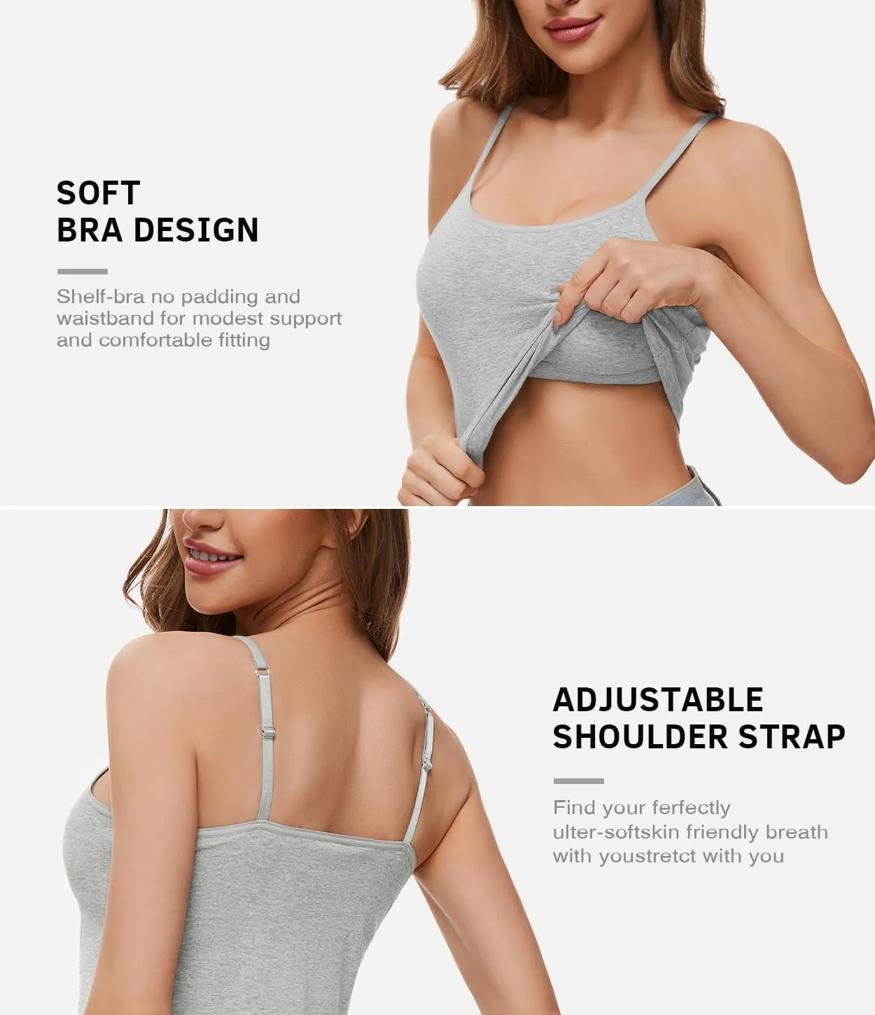 Air Curvey 3-Pack Womens Short Camisole Built in Bra Cotton Crop Tops Adjustable Spaghetti Strap Tank Tops